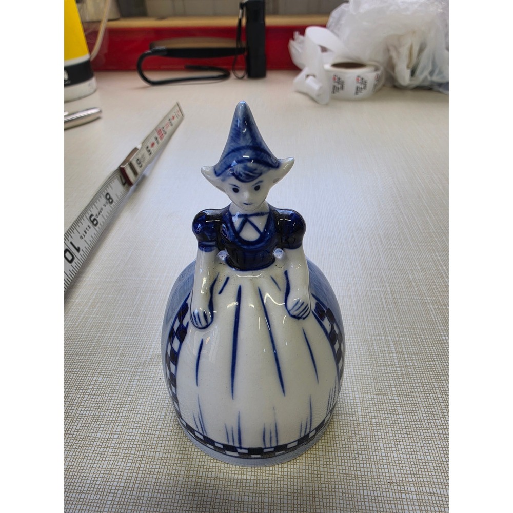 Vintage Delft Blue Porcelain Dutch Girl Bell Figurine Cobalt White 4 Inch